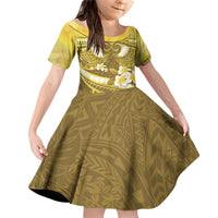 Gold Polynesia Family Matching Off Shoulder Short Dress and Hawaiian Shirt Tribal Pattern Tropical Frangipani LT14 Daughter's Dress Gold - Polynesian Pride