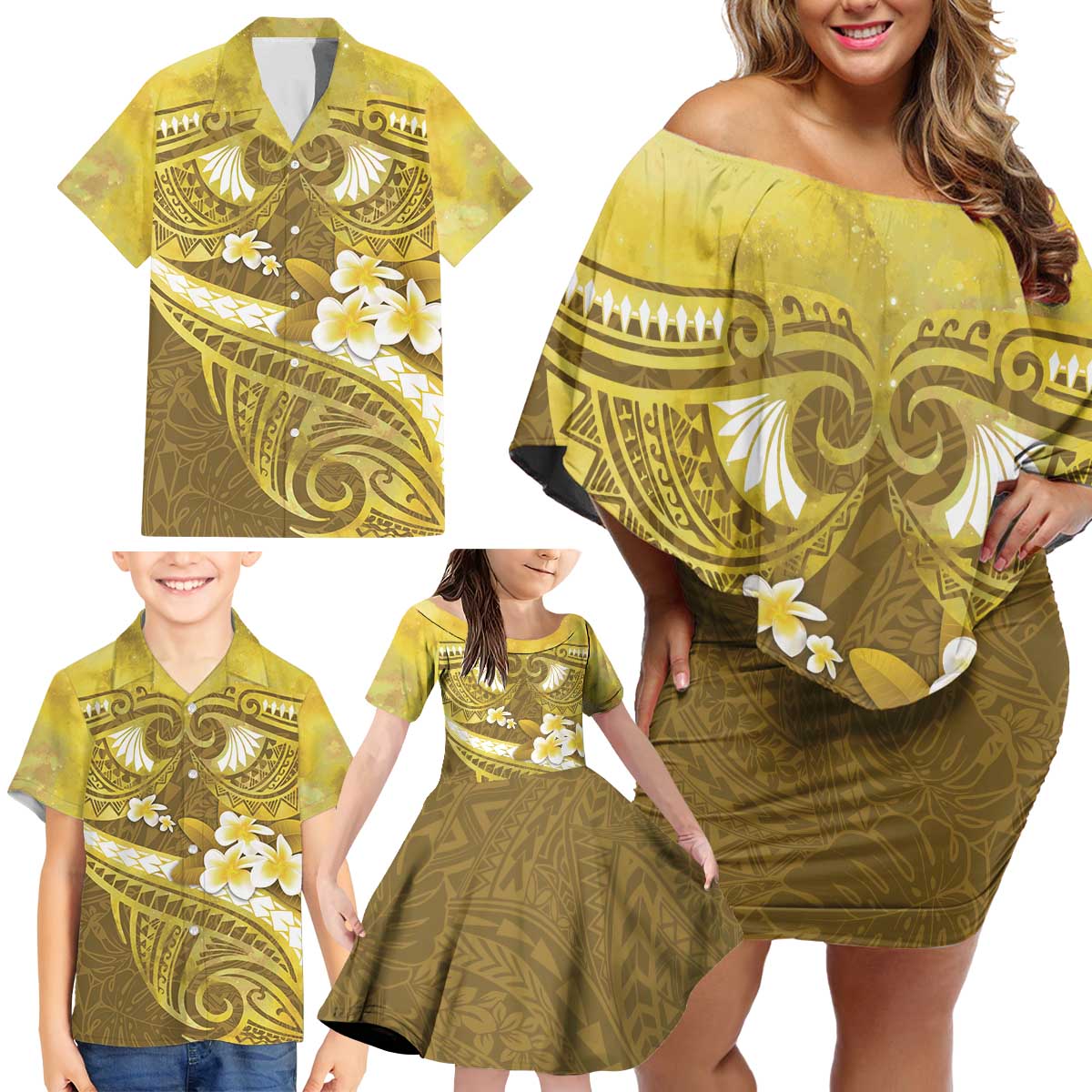 Gold Polynesia Family Matching Off Shoulder Short Dress and Hawaiian Shirt Tribal Pattern Tropical Frangipani