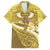 Gold Polynesia Family Matching Off Shoulder Short Dress and Hawaiian Shirt Tribal Pattern Tropical Frangipani