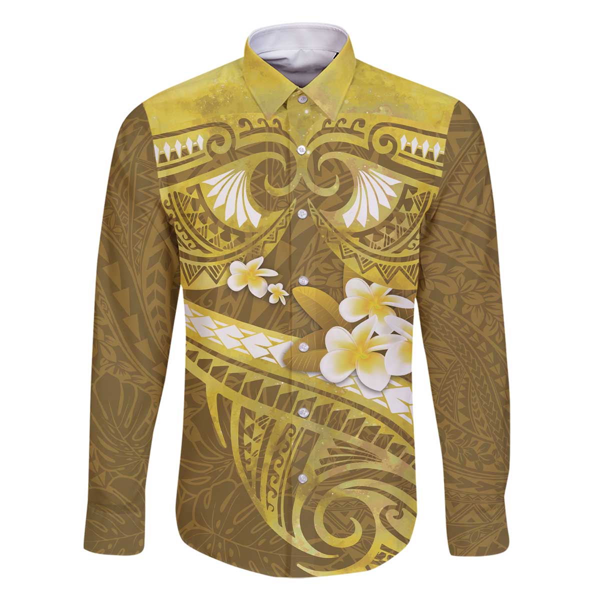 Gold Polynesia Family Matching Off Shoulder Short Dress and Hawaiian Shirt Tribal Pattern Tropical Frangipani LT14 Dad's Shirt - Long Sleeve Gold - Polynesian Pride
