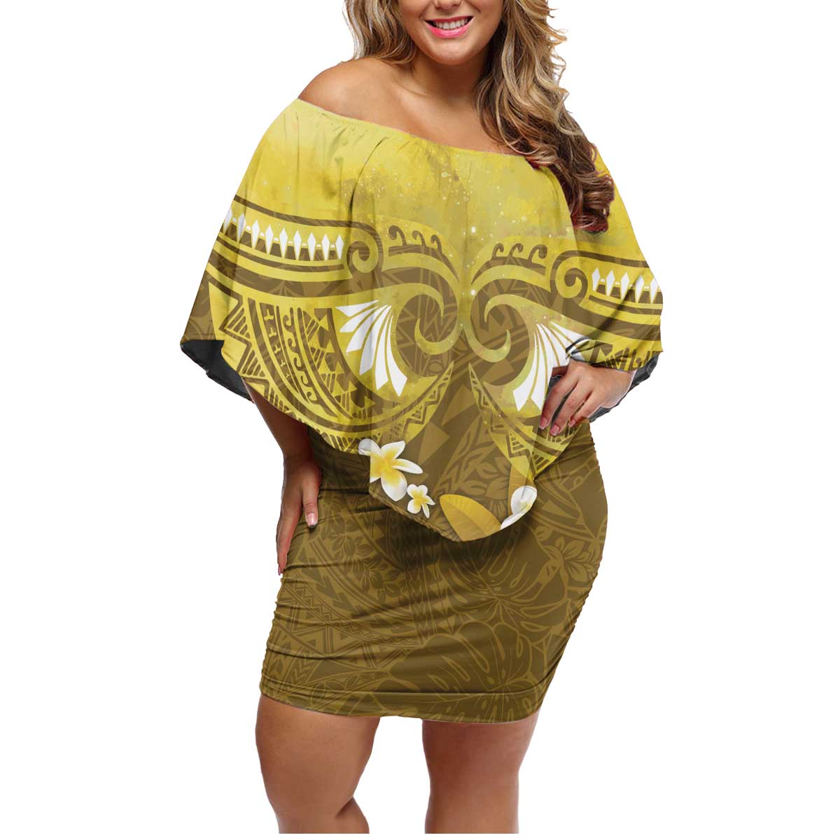 Gold Polynesia Family Matching Off Shoulder Short Dress and Hawaiian Shirt Tribal Pattern Tropical Frangipani LT14 Mom's Dress Gold - Polynesian Pride