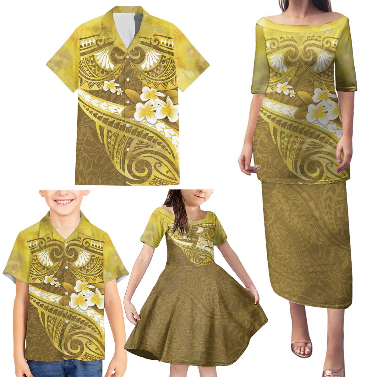 Gold Polynesia Family Matching Puletasi and Hawaiian Shirt Tribal Pattern Tropical Frangipani