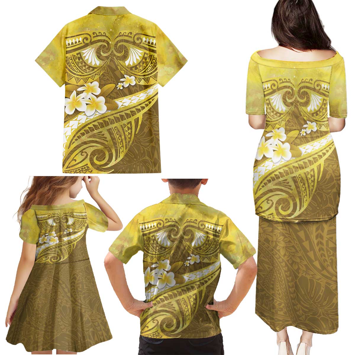 Gold Polynesia Family Matching Puletasi and Hawaiian Shirt Tribal Pattern Tropical Frangipani LT14 - Polynesian Pride