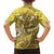 Gold Polynesia Family Matching Short Sleeve Bodycon Dress and Hawaiian Shirt Tribal Pattern Tropical Frangipani