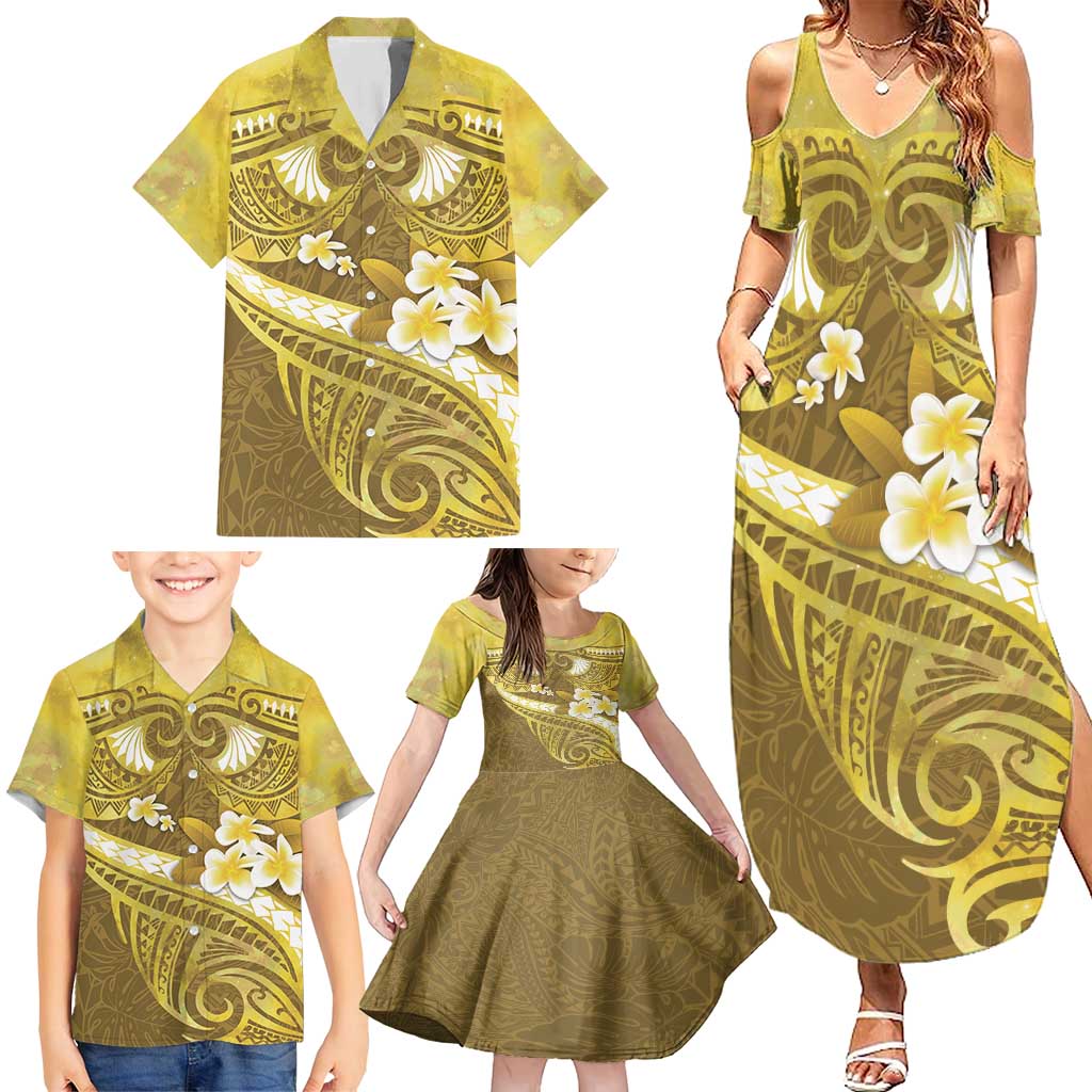 Gold Polynesia Family Matching Summer Maxi Dress and Hawaiian Shirt Tribal Pattern Tropical Frangipani LT14 - Polynesian Pride