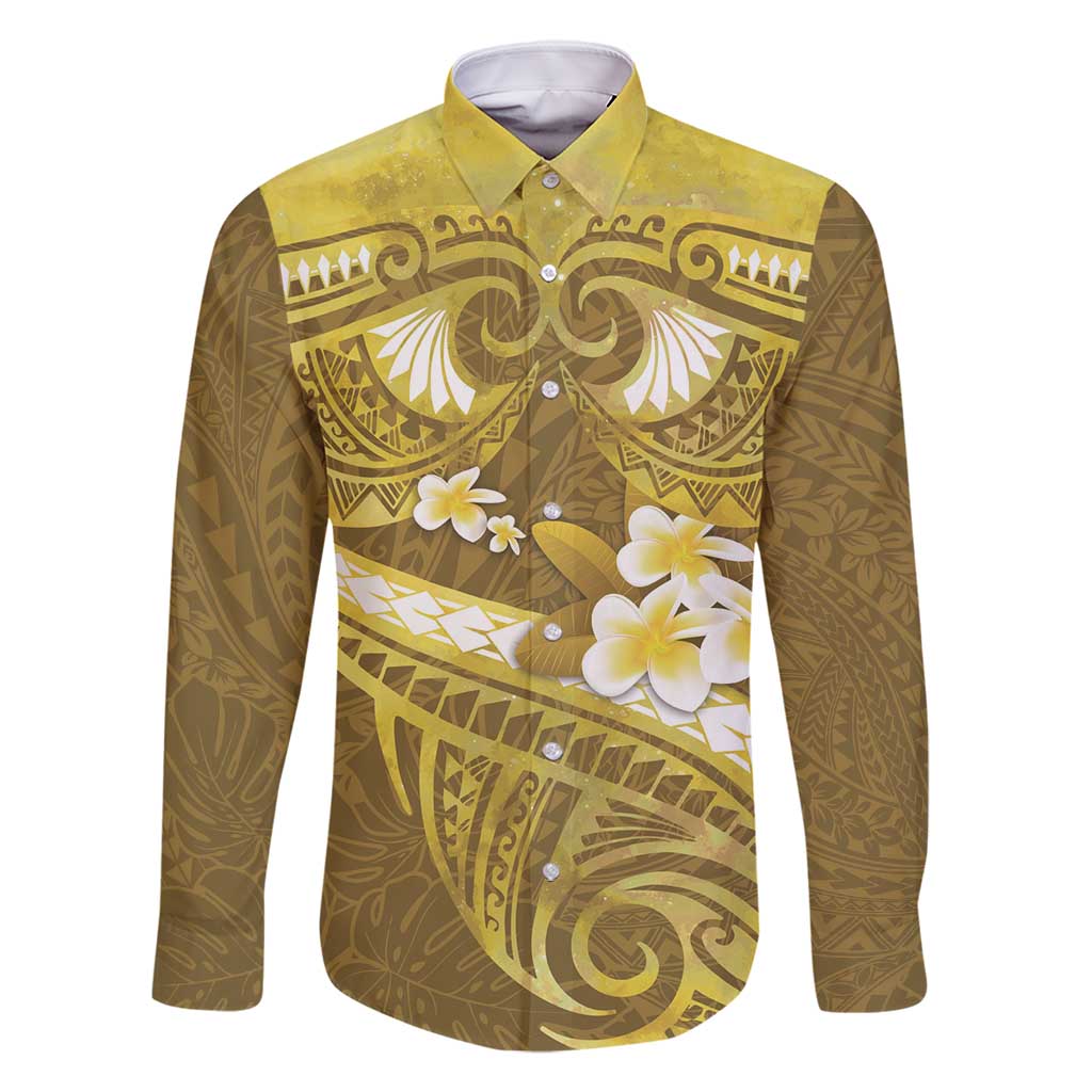 Gold Polynesia Family Matching Summer Maxi Dress and Hawaiian Shirt Tribal Pattern Tropical Frangipani LT14 Dad's Shirt - Long Sleeve Gold - Polynesian Pride
