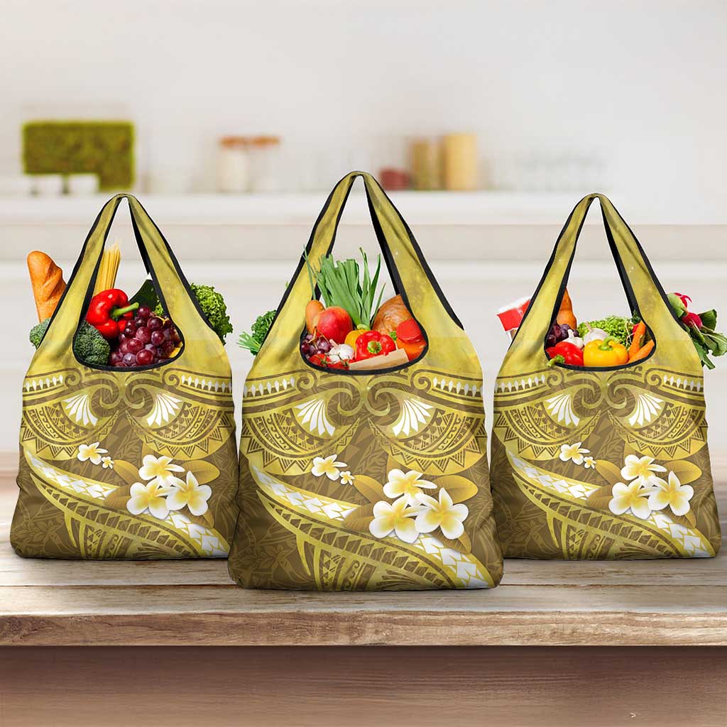 Gold Polynesia Grocery Bag Tribal Pattern Tropical Frangipani LT14 3-pack One Size Gold - Polynesian Pride