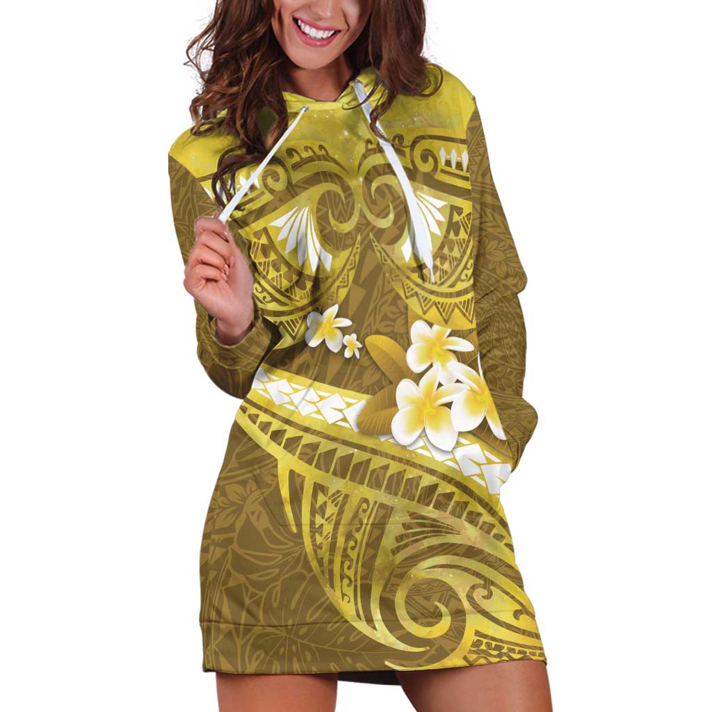 Gold Polynesia Hoodie Dress Tribal Pattern Tropical Frangipani