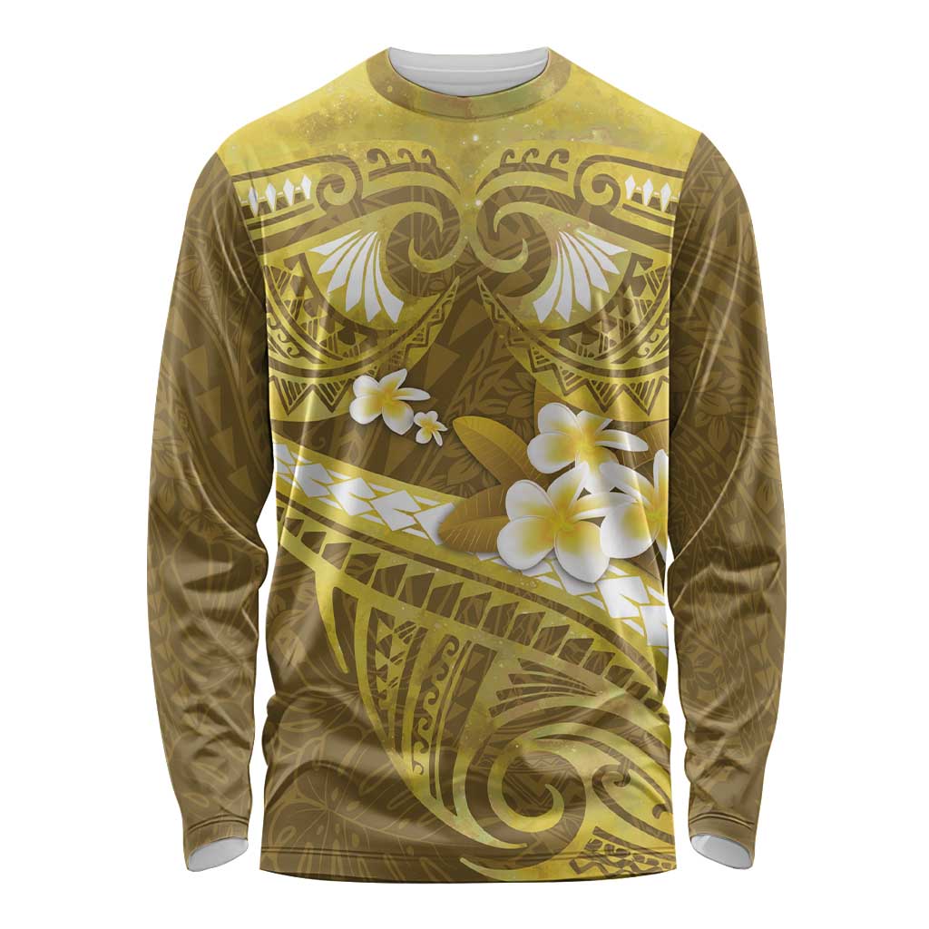 Gold Polynesia Long Sleeve Shirt Tribal Pattern Tropical Frangipani