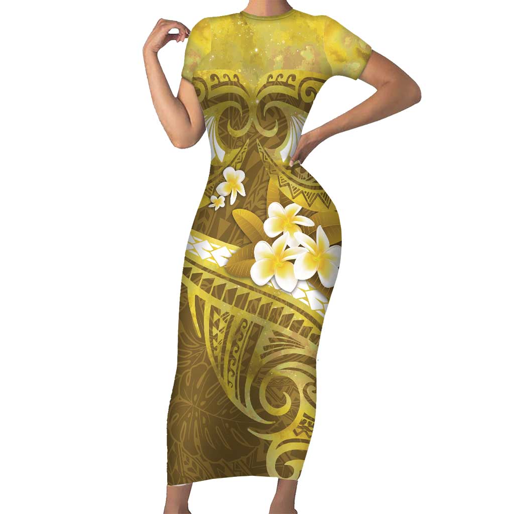 Gold Polynesia Short Sleeve Bodycon Dress Tribal Pattern Tropical Frangipani