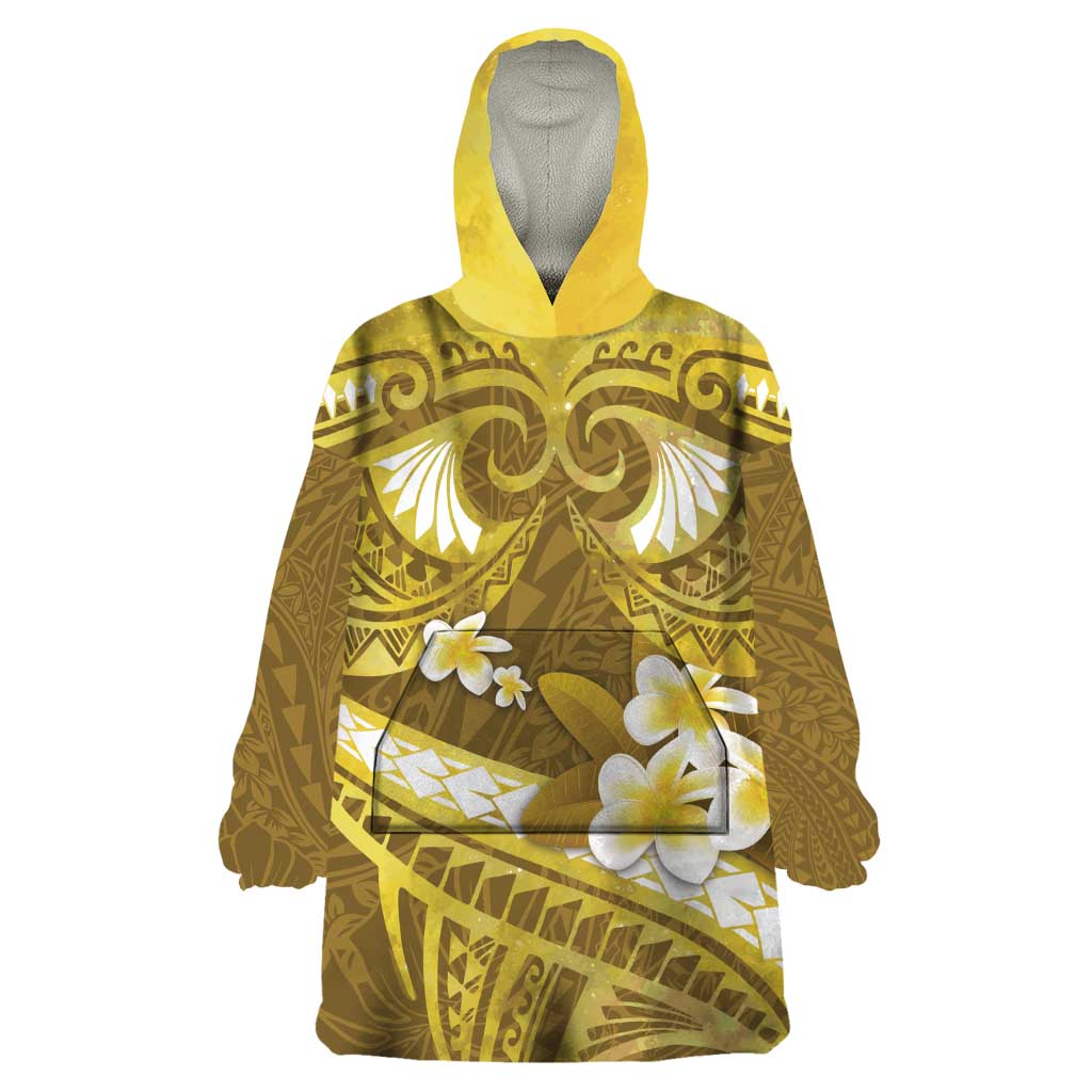 Gold Polynesia Wearable Blanket Hoodie Tribal Pattern Tropical Frangipani