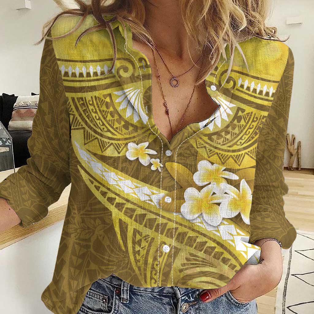 Gold Polynesia Women Casual Shirt Tribal Pattern Tropical Frangipani