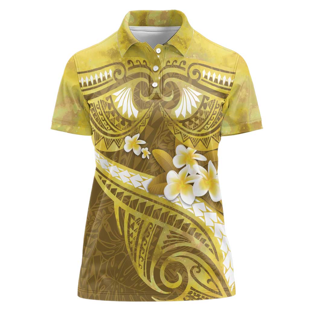 Gold Polynesia Women Polo Shirt Tribal Pattern Tropical Frangipani