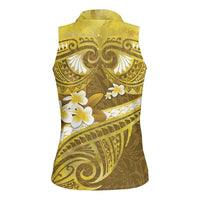 Gold Polynesia Women Sleeveless Polo Shirt Tribal Pattern Tropical Frangipani