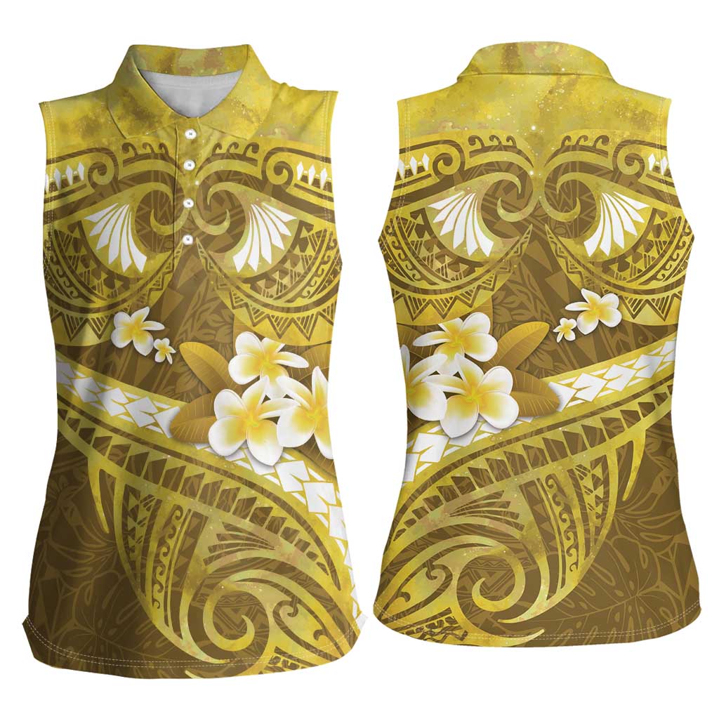 Gold Polynesia Women Sleeveless Polo Shirt Tribal Pattern Tropical Frangipani