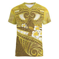 Gold Polynesia Women V-Neck T-Shirt Tribal Pattern Tropical Frangipani
