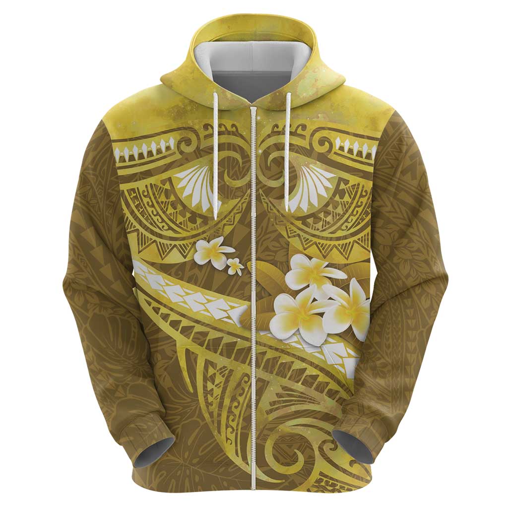 Gold Polynesia Zip Hoodie Tribal Pattern Tropical Frangipani