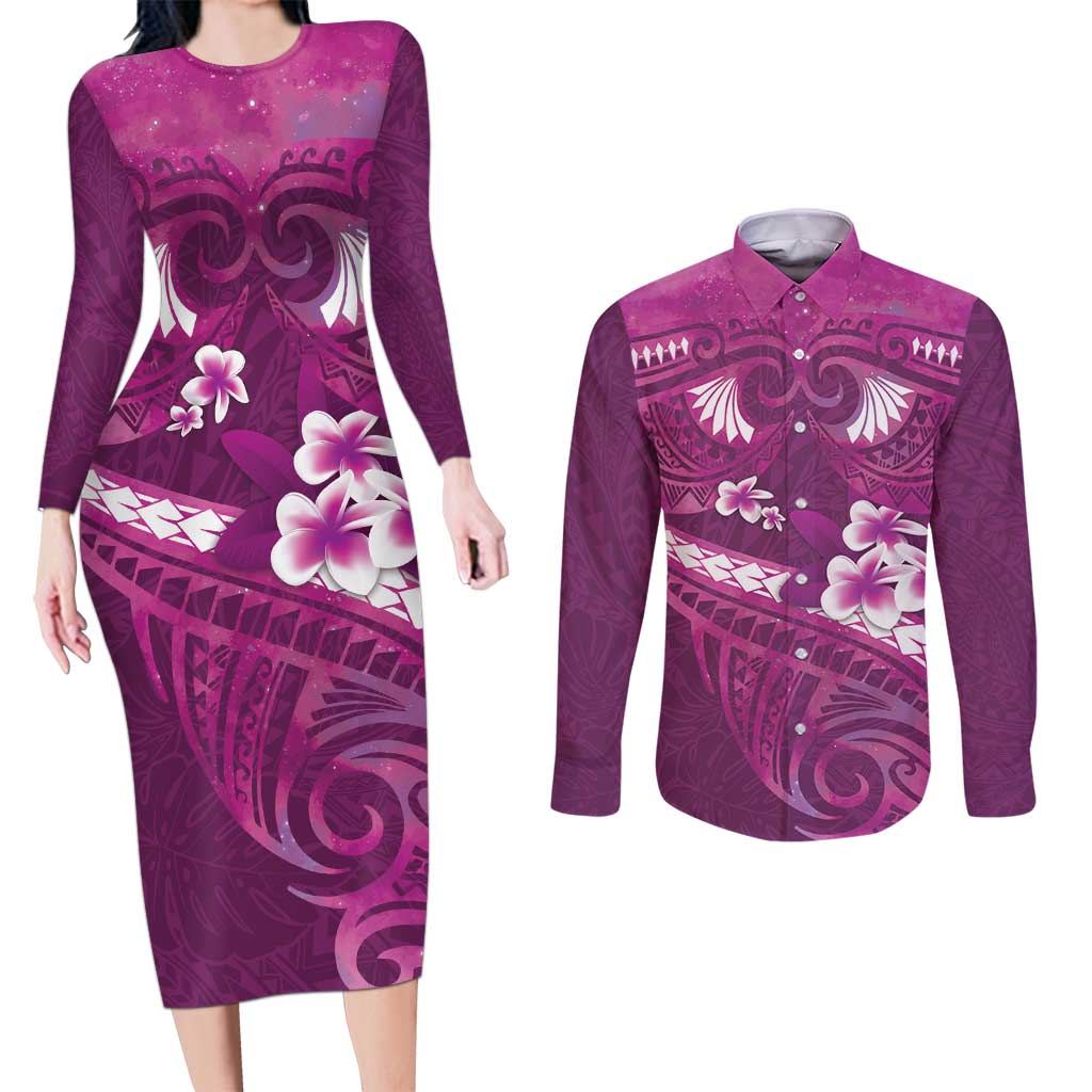 Pink Polynesia Couples Matching Long Sleeve Bodycon Dress and Long Sleeve Button Shirt Tribal Pattern Tropical Frangipani LT14 Pink - Polynesian Pride