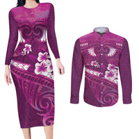 Pink Polynesia Couples Matching Long Sleeve Bodycon Dress and Long Sleeve Button Shirt Tribal Pattern Tropical Frangipani LT14 Pink - Polynesian Pride