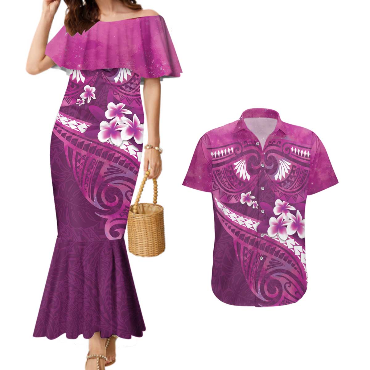 Pink Polynesia Couples Matching Mermaid Dress and Hawaiian Shirt Tribal Pattern Tropical Frangipani