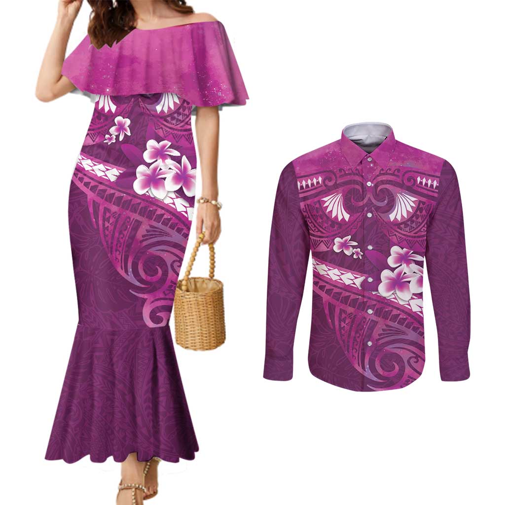 Pink Polynesia Couples Matching Mermaid Dress and Long Sleeve Button Shirt Tribal Pattern Tropical Frangipani LT14 Pink - Polynesian Pride