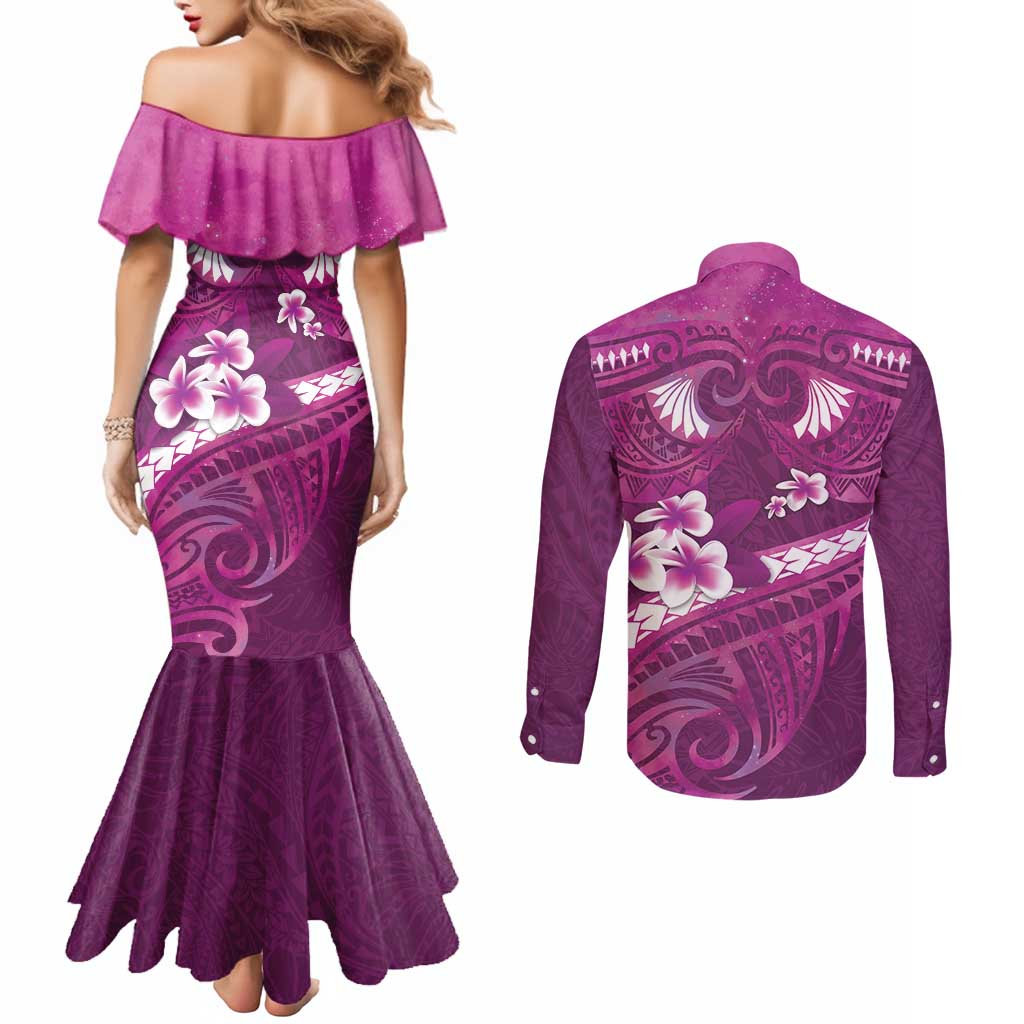 Pink Polynesia Couples Matching Mermaid Dress and Long Sleeve Button Shirt Tribal Pattern Tropical Frangipani