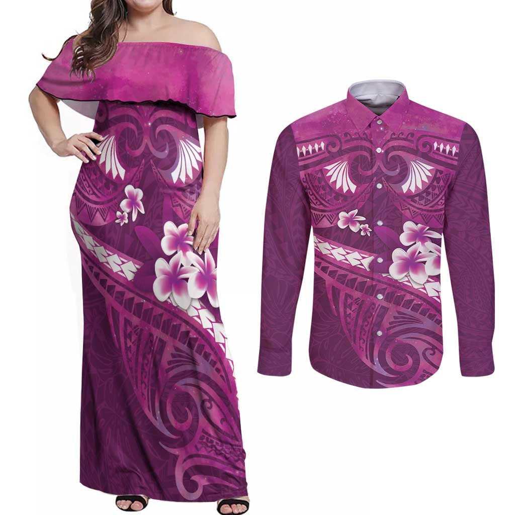 Pink Polynesia Couples Matching Off Shoulder Maxi Dress and Long Sleeve Button Shirt Tribal Pattern Tropical Frangipani LT14 Pink - Polynesian Pride