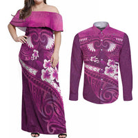Pink Polynesia Couples Matching Off Shoulder Maxi Dress and Long Sleeve Button Shirt Tribal Pattern Tropical Frangipani LT14 Pink - Polynesian Pride