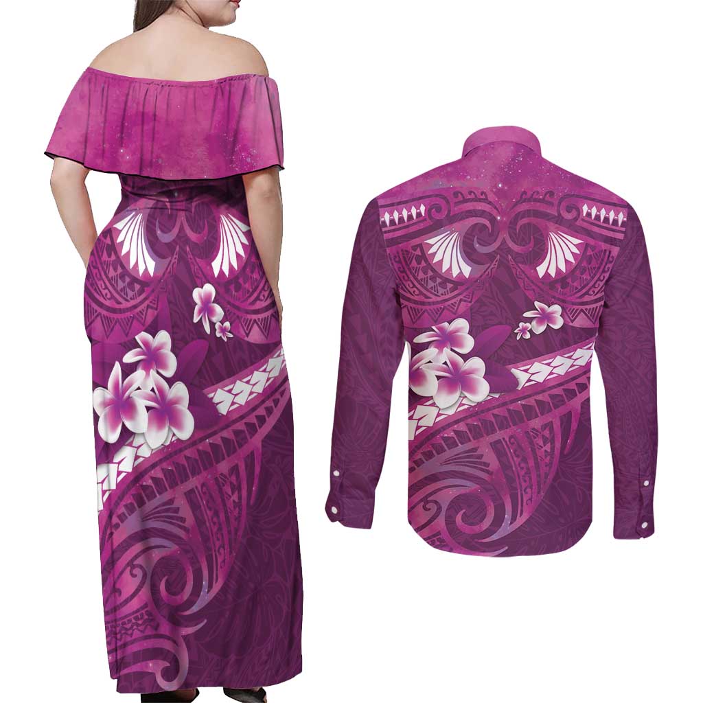 Pink Polynesia Couples Matching Off Shoulder Maxi Dress and Long Sleeve Button Shirt Tribal Pattern Tropical Frangipani LT14 - Polynesian Pride