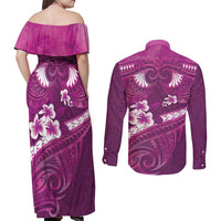 Pink Polynesia Couples Matching Off Shoulder Maxi Dress and Long Sleeve Button Shirt Tribal Pattern Tropical Frangipani LT14 - Polynesian Pride
