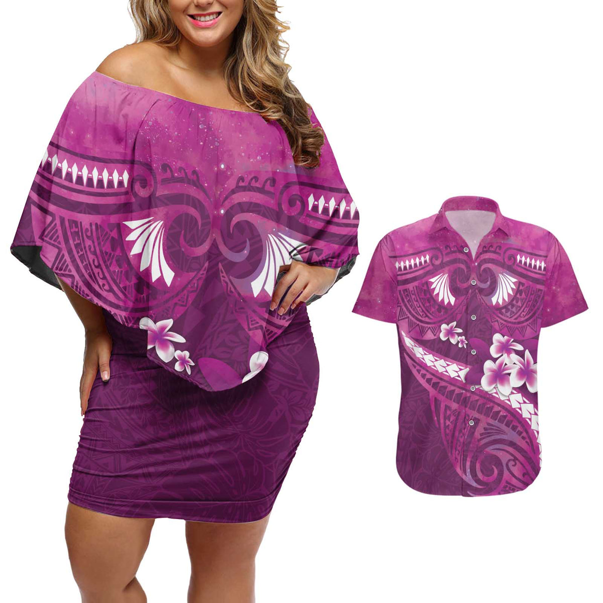 Pink Polynesia Couples Matching Off Shoulder Short Dress and Hawaiian Shirt Tribal Pattern Tropical Frangipani LT14 Pink - Polynesian Pride