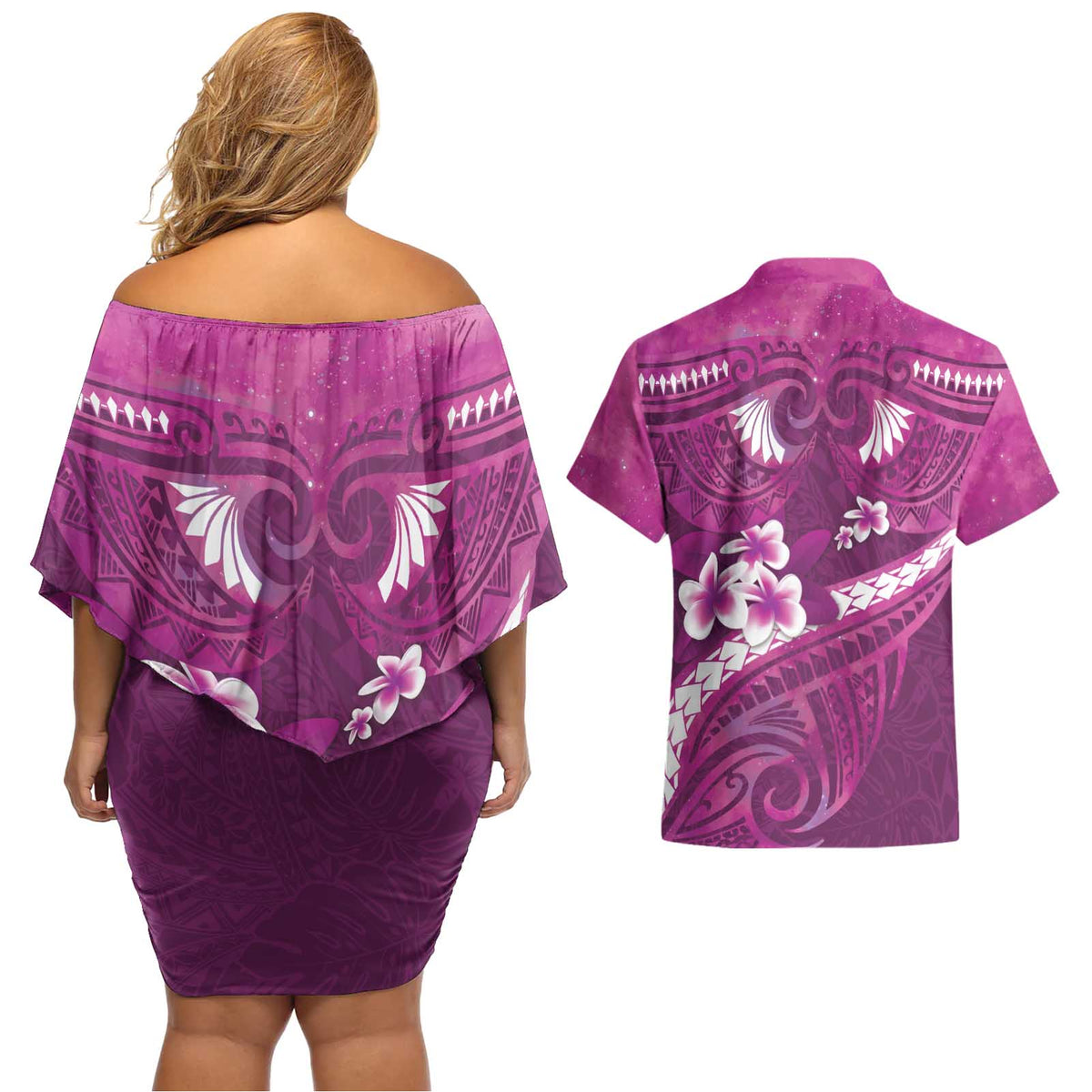 Pink Polynesia Couples Matching Off Shoulder Short Dress and Hawaiian Shirt Tribal Pattern Tropical Frangipani LT14 - Polynesian Pride