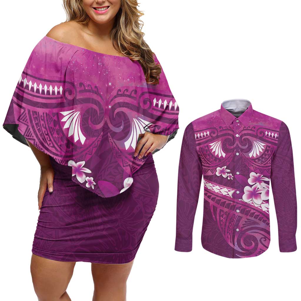 Pink Polynesia Couples Matching Off Shoulder Short Dress and Long Sleeve Button Shirt Tribal Pattern Tropical Frangipani LT14 Pink - Polynesian Pride