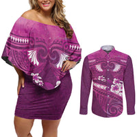 Pink Polynesia Couples Matching Off Shoulder Short Dress and Long Sleeve Button Shirt Tribal Pattern Tropical Frangipani LT14 Pink - Polynesian Pride