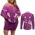 Pink Polynesia Couples Matching Off Shoulder Short Dress and Long Sleeve Button Shirt Tribal Pattern Tropical Frangipani