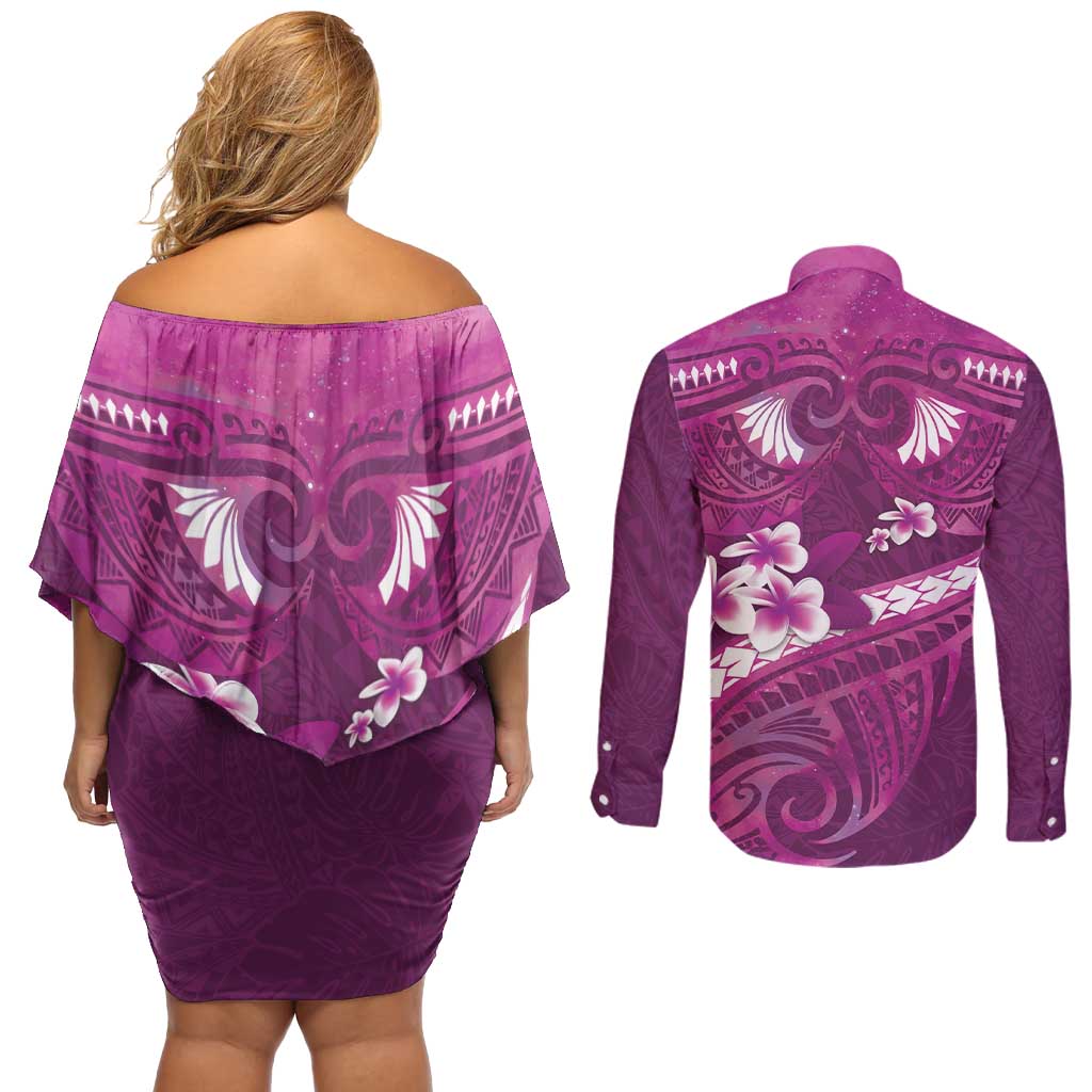 Pink Polynesia Couples Matching Off Shoulder Short Dress and Long Sleeve Button Shirt Tribal Pattern Tropical Frangipani LT14 - Polynesian Pride