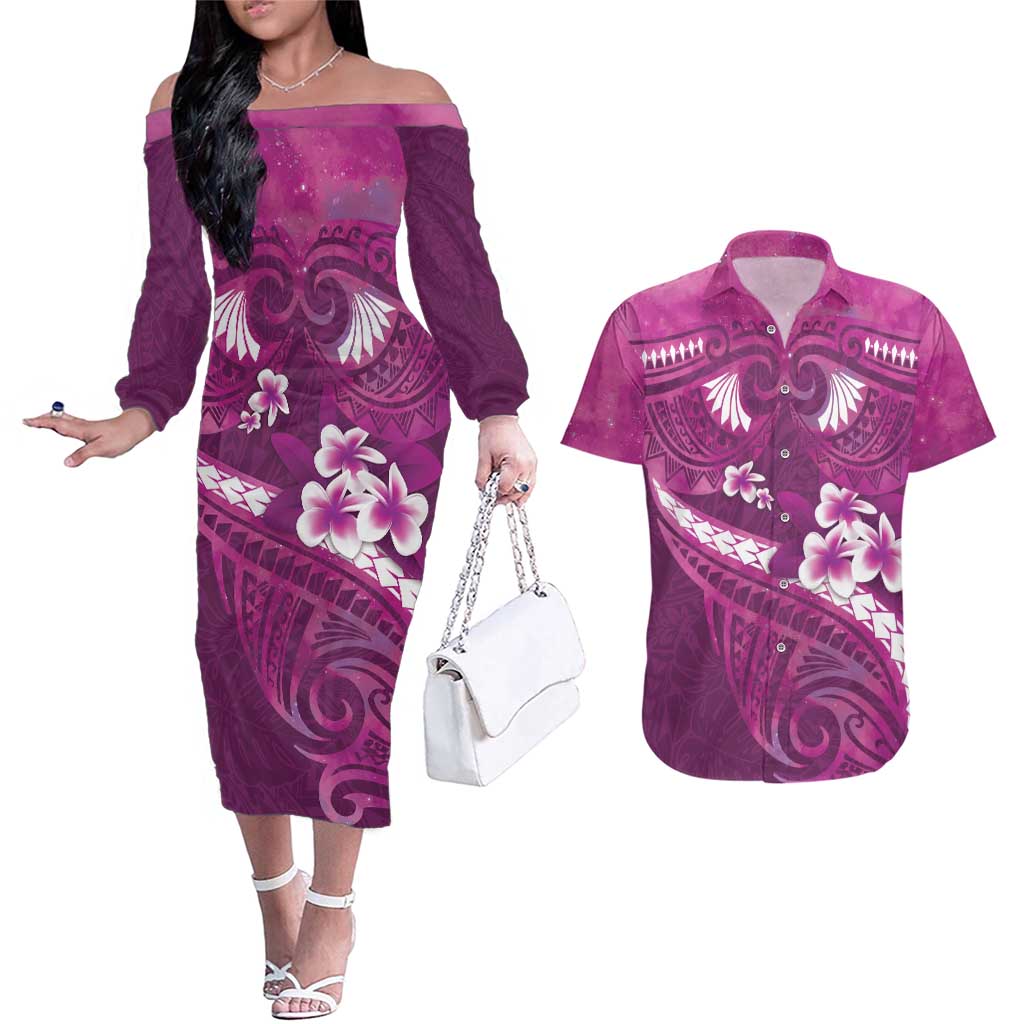 Pink Polynesia Couples Matching Off The Shoulder Long Sleeve Dress and Hawaiian Shirt Tribal Pattern Tropical Frangipani LT14 Pink - Polynesian Pride