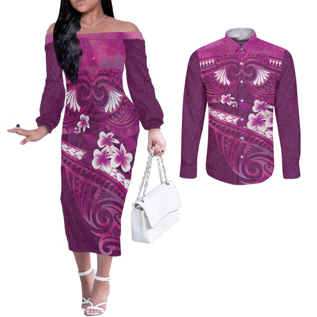 Pink Polynesia Couples Matching Off The Shoulder Long Sleeve Dress and Long Sleeve Button Shirt Tribal Pattern Tropical Frangipani