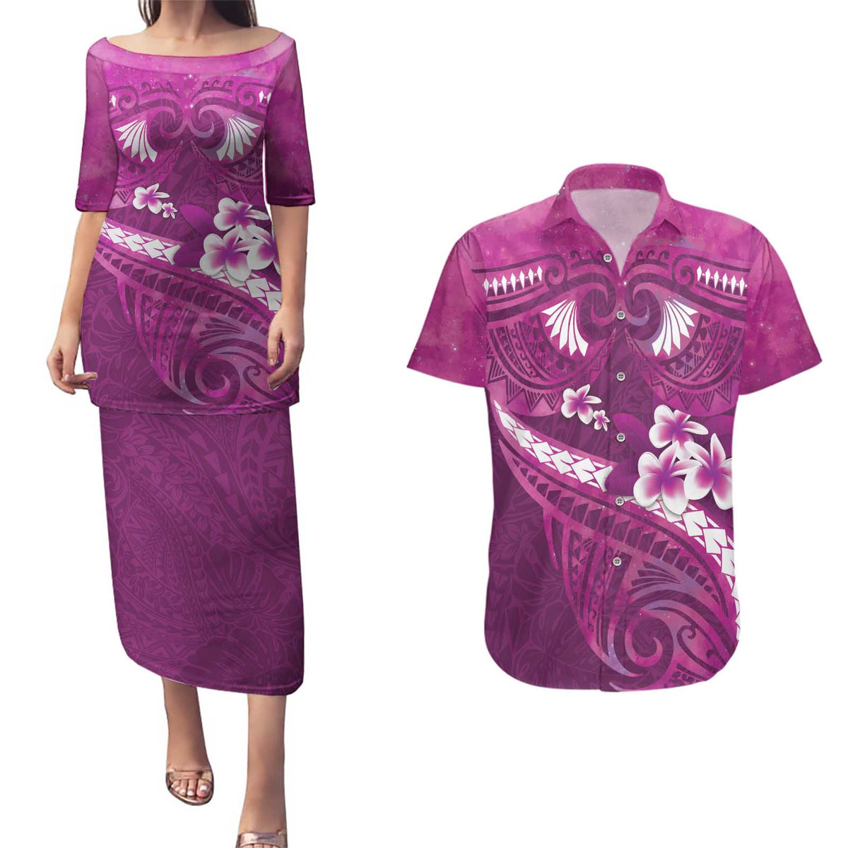Pink Polynesia Couples Matching Puletasi and Hawaiian Shirt Tribal Pattern Tropical Frangipani LT14 Pink - Polynesian Pride