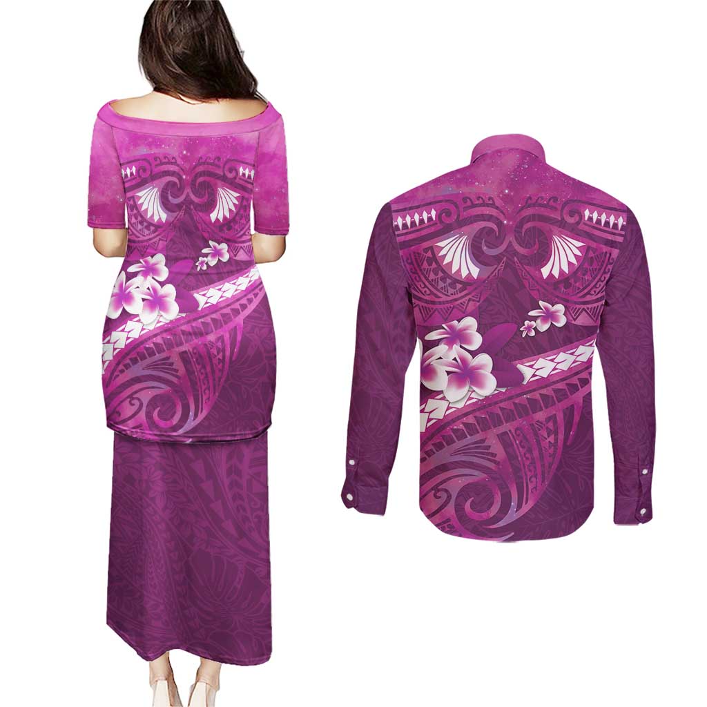 Pink Polynesia Couples Matching Puletasi and Long Sleeve Button Shirt Tribal Pattern Tropical Frangipani LT14 - Polynesian Pride