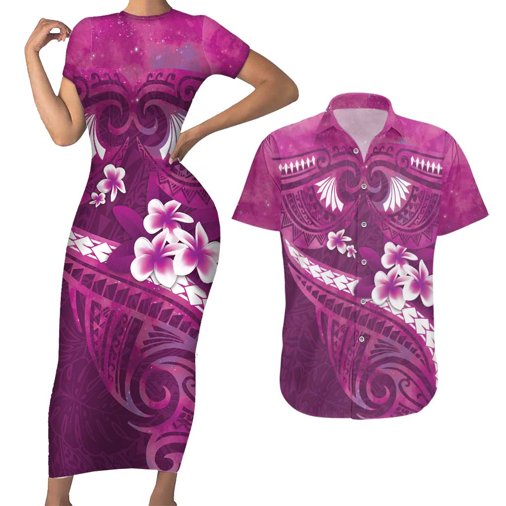 Pink Polynesia Couples Matching Short Sleeve Bodycon Dress and Hawaiian Shirt Tribal Pattern Tropical Frangipani LT14 Pink - Polynesian Pride