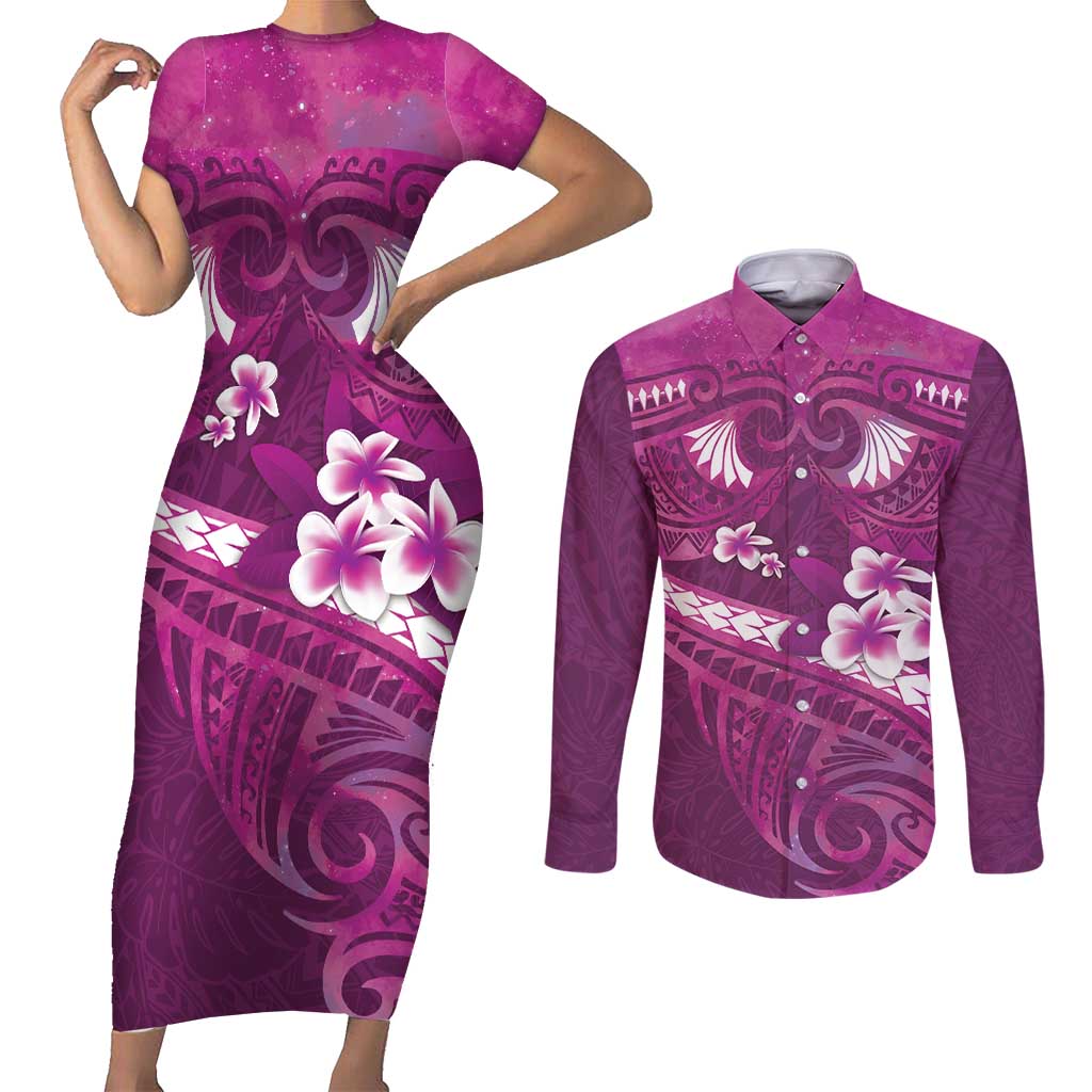 Pink Polynesia Couples Matching Short Sleeve Bodycon Dress and Long Sleeve Button Shirt Tribal Pattern Tropical Frangipani LT14 Pink - Polynesian Pride
