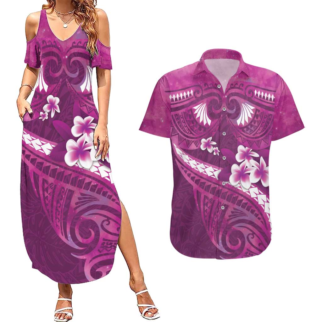 Pink Polynesia Couples Matching Summer Maxi Dress and Hawaiian Shirt Tribal Pattern Tropical Frangipani LT14 Pink - Polynesian Pride