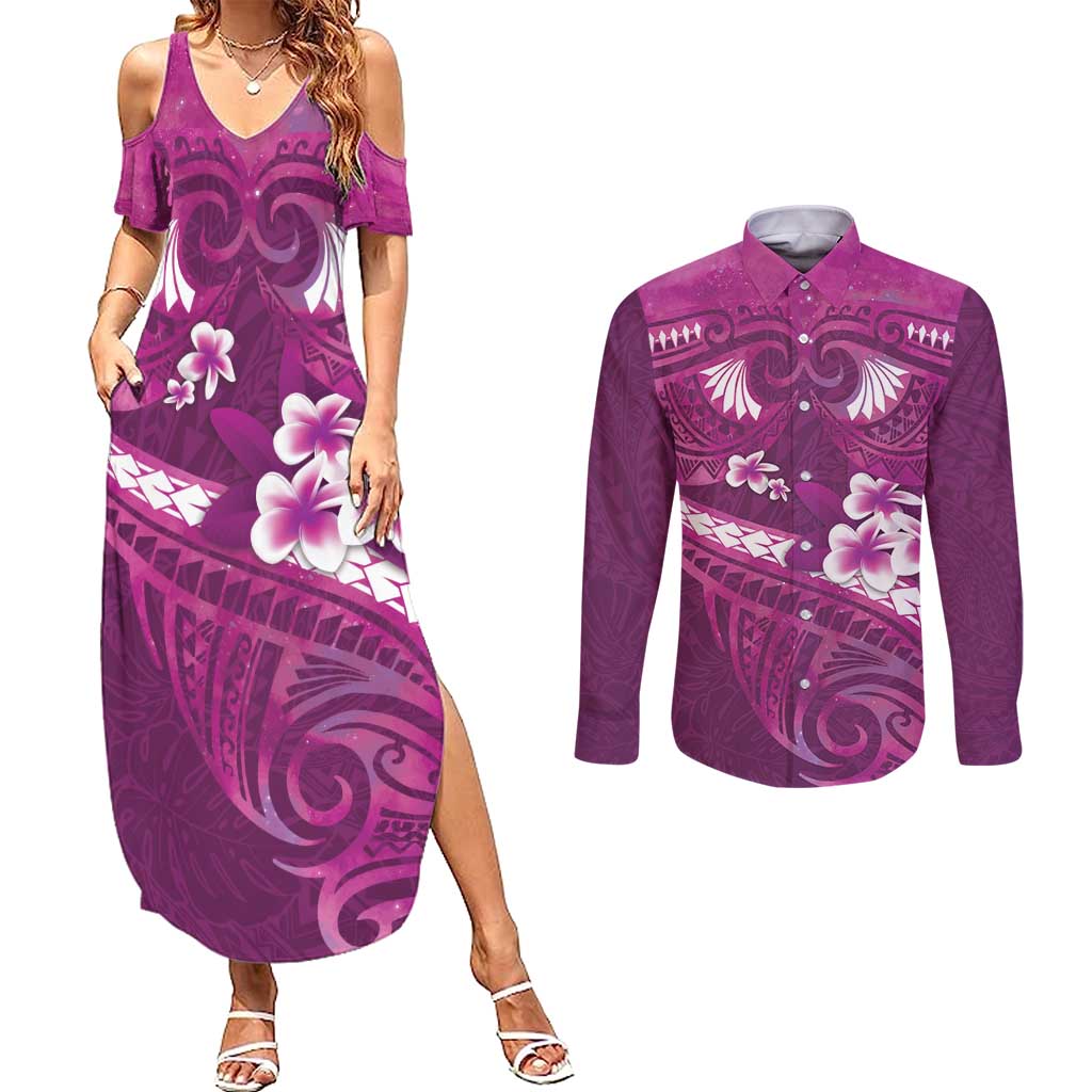 Pink Polynesia Couples Matching Summer Maxi Dress and Long Sleeve Button Shirt Tribal Pattern Tropical Frangipani LT14 Pink - Polynesian Pride