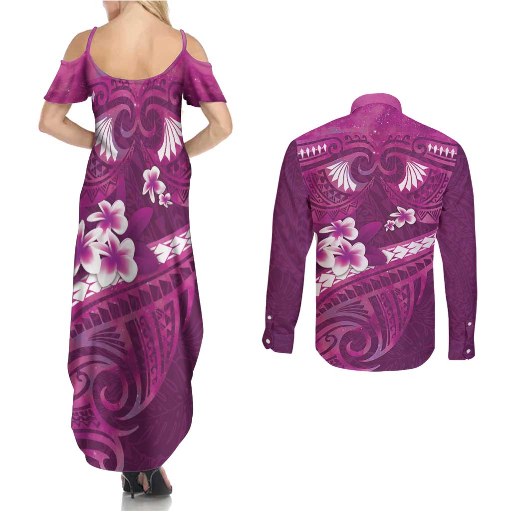 Pink Polynesia Couples Matching Summer Maxi Dress and Long Sleeve Button Shirt Tribal Pattern Tropical Frangipani LT14 - Polynesian Pride