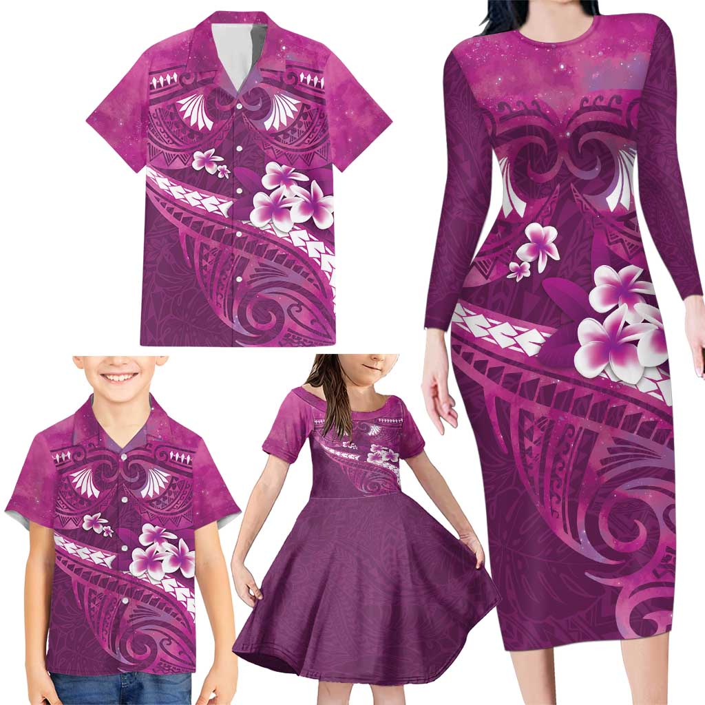 Pink Polynesia Family Matching Long Sleeve Bodycon Dress and Hawaiian Shirt Tribal Pattern Tropical Frangipani