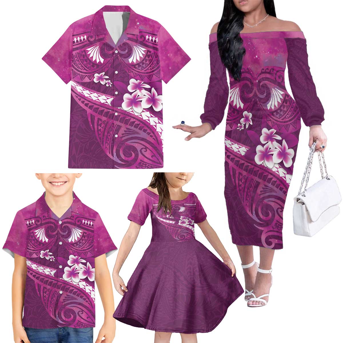 Pink Polynesia Family Matching Off The Shoulder Long Sleeve Dress and Hawaiian Shirt Tribal Pattern Tropical Frangipani