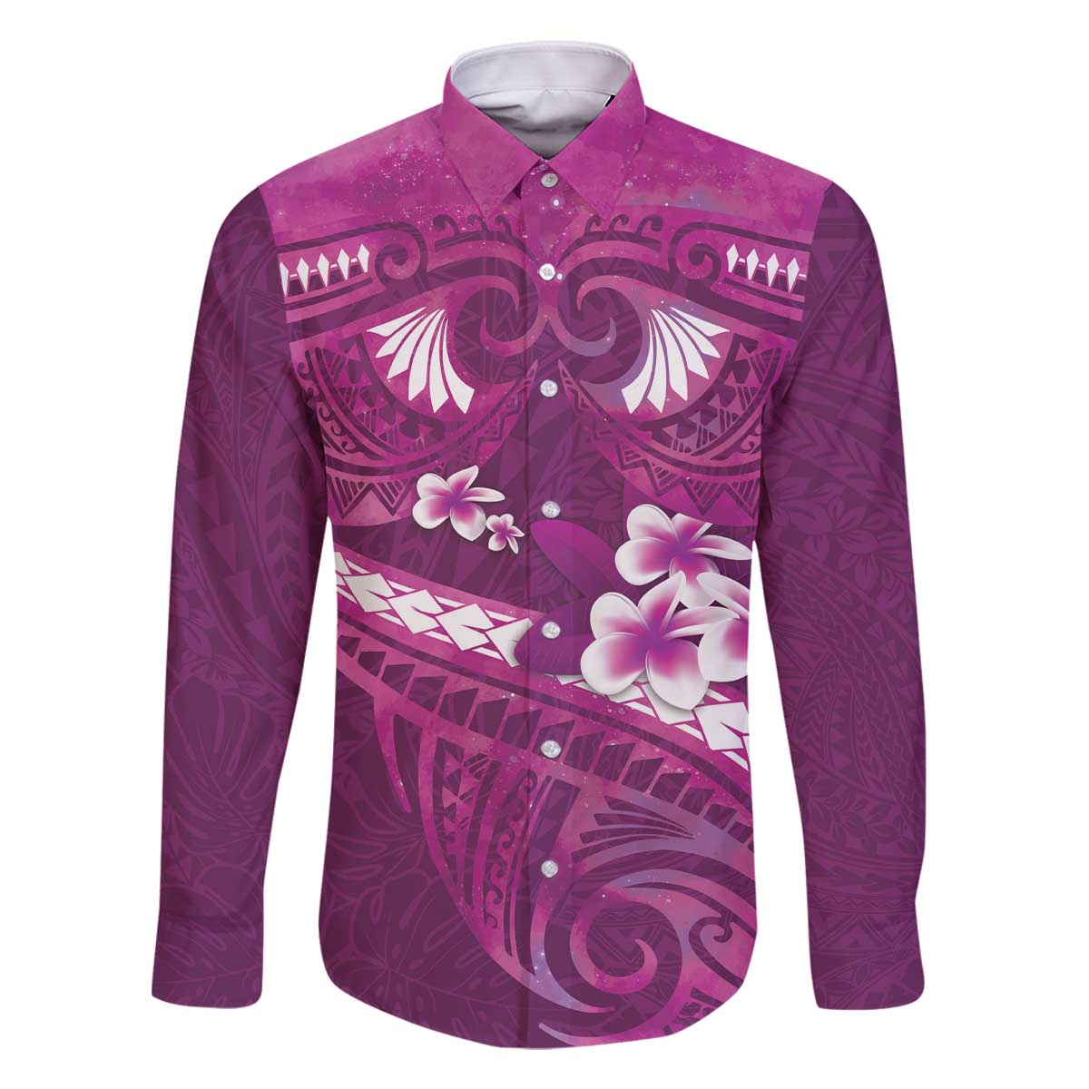 Pink Polynesia Family Matching Off The Shoulder Long Sleeve Dress and Hawaiian Shirt Tribal Pattern Tropical Frangipani LT14 Dad's Shirt - Long Sleeve Pink - Polynesian Pride