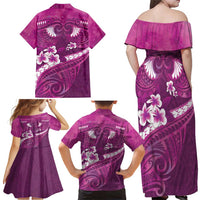 Pink Polynesia Family Matching Off Shoulder Maxi Dress and Hawaiian Shirt Tribal Pattern Tropical Frangipani LT14 - Polynesian Pride