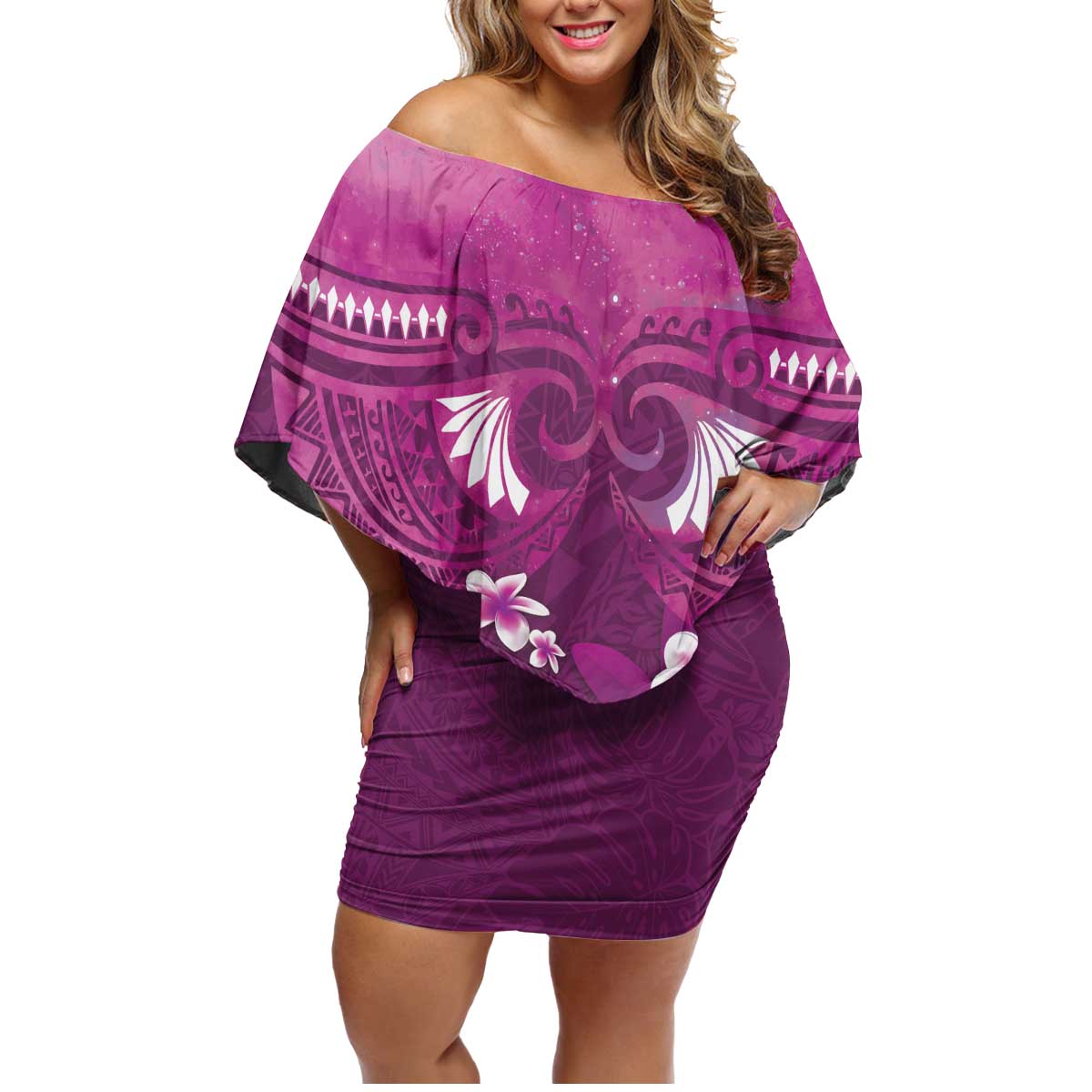 Pink Polynesia Family Matching Off Shoulder Short Dress and Hawaiian Shirt Tribal Pattern Tropical Frangipani